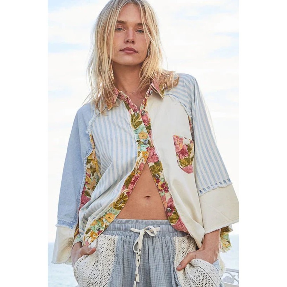 POL Womens Mixed Patchwork Floral Striped Boho Oversized Button Up Shirt Size L